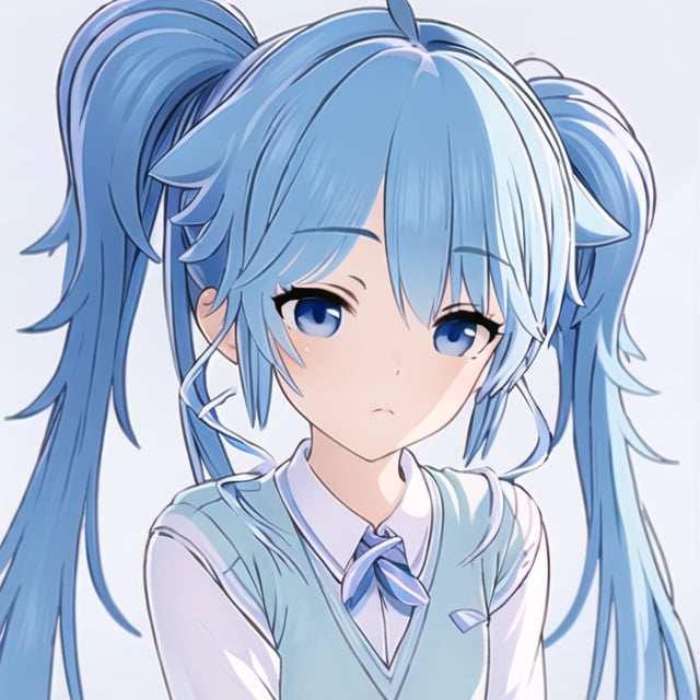 1 girl, (slanted eyes), (((A long thin spiral sideburn))), (((Thin, long twin tails and large, short twin tails overlap))), blue eyes, blue hair, small breasts,BREAK, simple background, white background, solid color, ahoge, White Blouse, school uniform, small bust, BREAK, standing, contrapposto, cowboy_shot, masterpiece, (((Thin, long twin tails and large, short twin tails overlap))), 1girl, looking at viewer, front-view<lora:EMS-3262-EMS:1.500000>, <lora:EMS-52872-EMS:0.500000>, <lora:EMS-44307-EMS:1.100000>