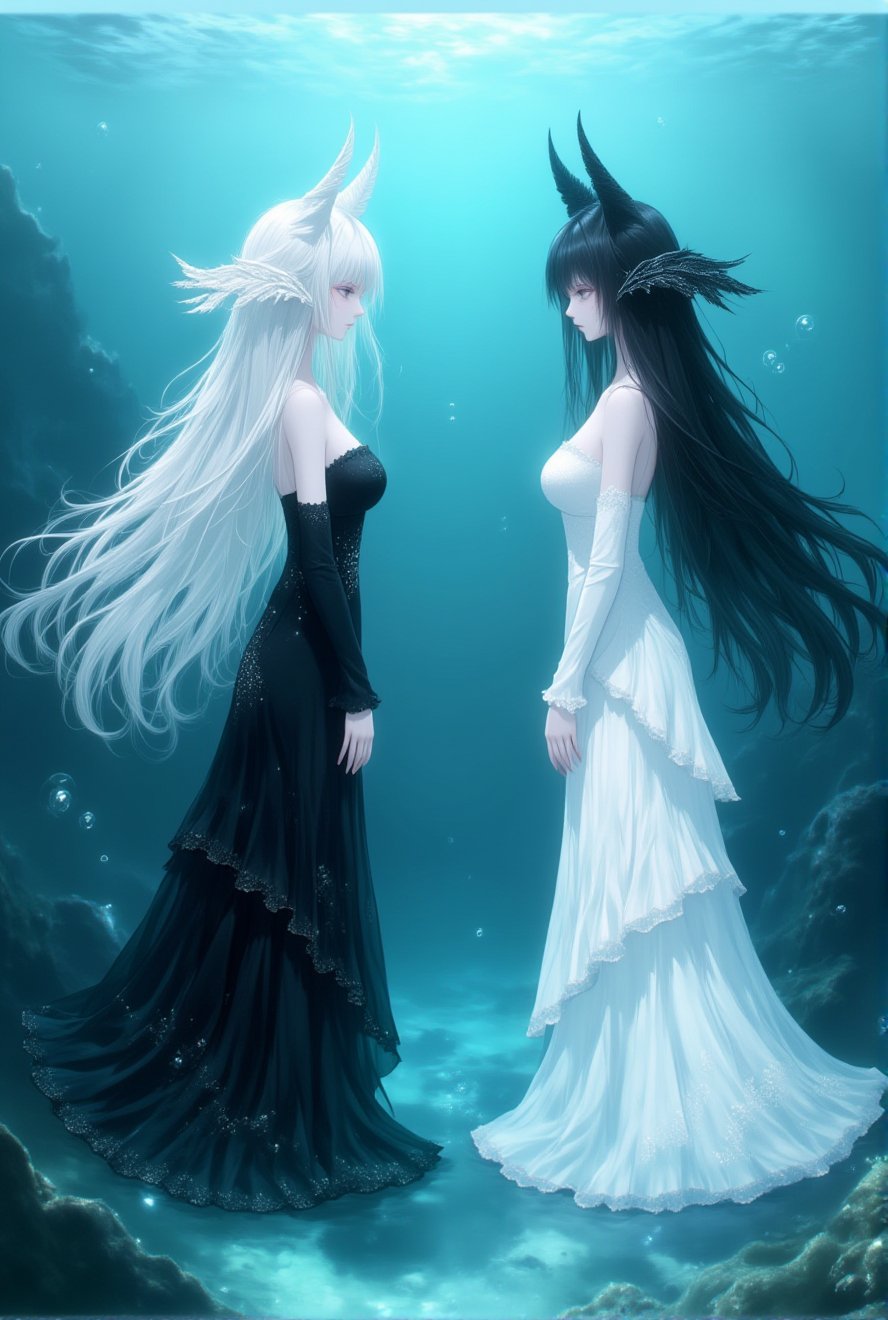 long hair, dress, black dress, 2girls, multiple girls, black hair, underwater, wings, fins, detached sleeves, head fins, white hair, air bubble, profile, white dress, bubble, long sleeves, bare shoulders, from side, strapless dress, breasts, black wings, very long hair, black vs white, strapless<lora:黑白天使:1>