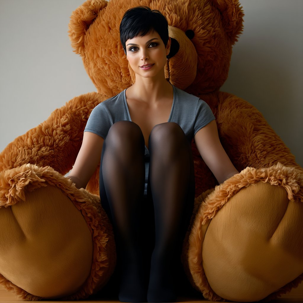 morena_baccarin, professional photography of a woman sitting on a giant teddy bear. The bear is brown and has large paws. The woman is wearing a gray shirt and black stockings, 4K, ultra detailed, <lora:MorenaBaccarinF1D:1>