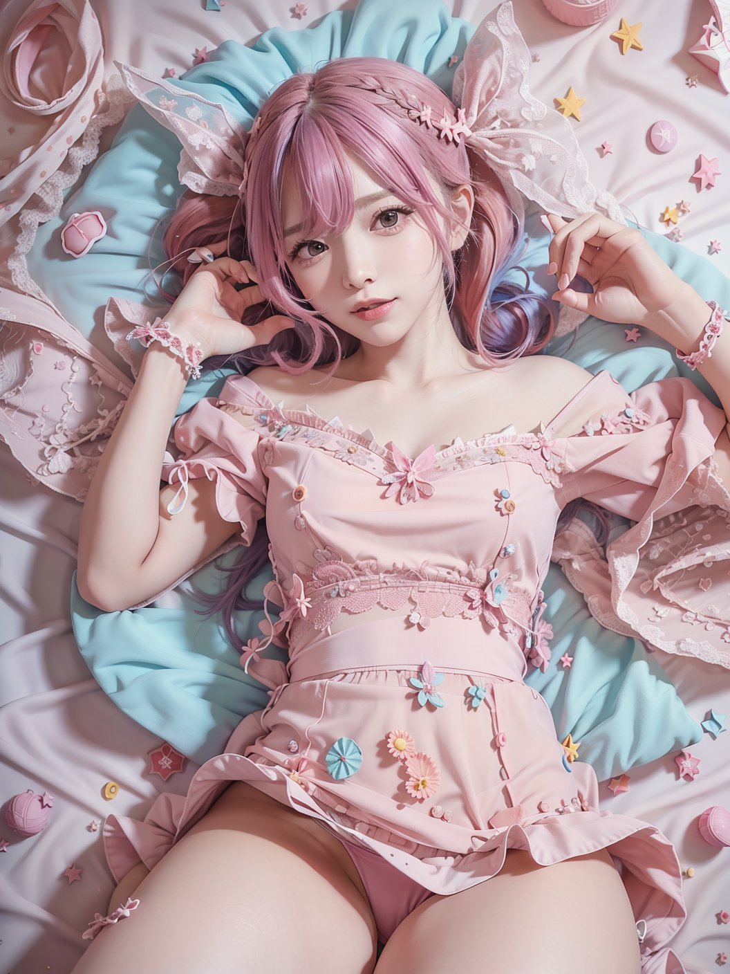 (masterpiece, top quality, best quality, official art, beautiful and aesthetic:1.2), (photoreal:1.5),BREAK1 girl  with a bunch of candy and a candy machine in her hand and a pink background with stars, full body,smilingbreakAlice Prin, photo, a detailed painting, pop surrealism, (neon color hair:1.5),strong wind,giant marshmallow candy machinebreakneedlework, intricate designs, textile art, handmade details, creative expression, colorful threads, cyberpunk, neo-dadaBREAK<lora:lovely_himeno:0.7>, <lyco:toysea-000015:1.0>