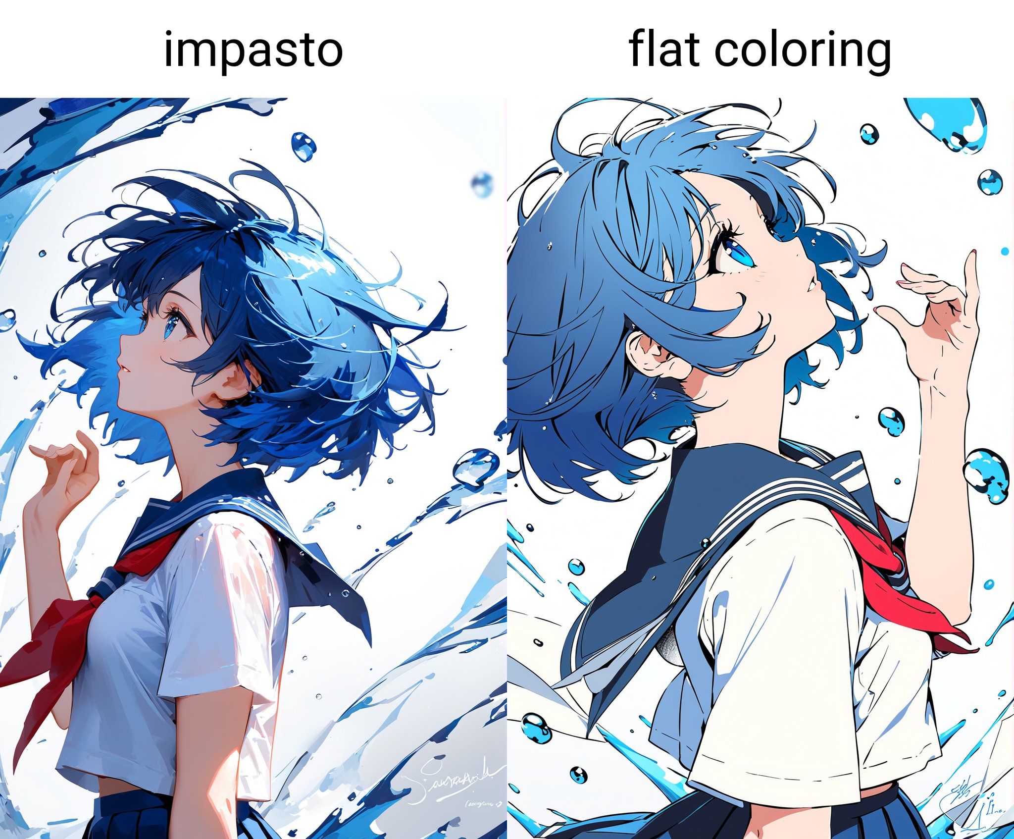 masterpiece,impasto,1girl, solo, short hair, school uniform, neckerchief, skirt, headphones, sailor collar, serafuku, red neckerchief, short sleeves, shirt, blue hair, blue skirt, white shirt, blue sailor collar, white background, blue eyes, hand up, signature, water drop, from side, parted lips, looking up, pleated skirt, paper