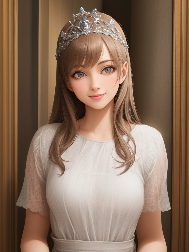 (masterpiece), (best quality), (extremely detailed), (1girl), solo, (pretty cute girl), looking at viewer, smile, slender, evenly sized eyes, extremely detailed eyes, white dress, tiara, upper body, whole body, medieval classical room, indoors, extremely detailed wallpaper, (completely detailed features), 16k<lora:EMS-460859-EMS:0.900000>