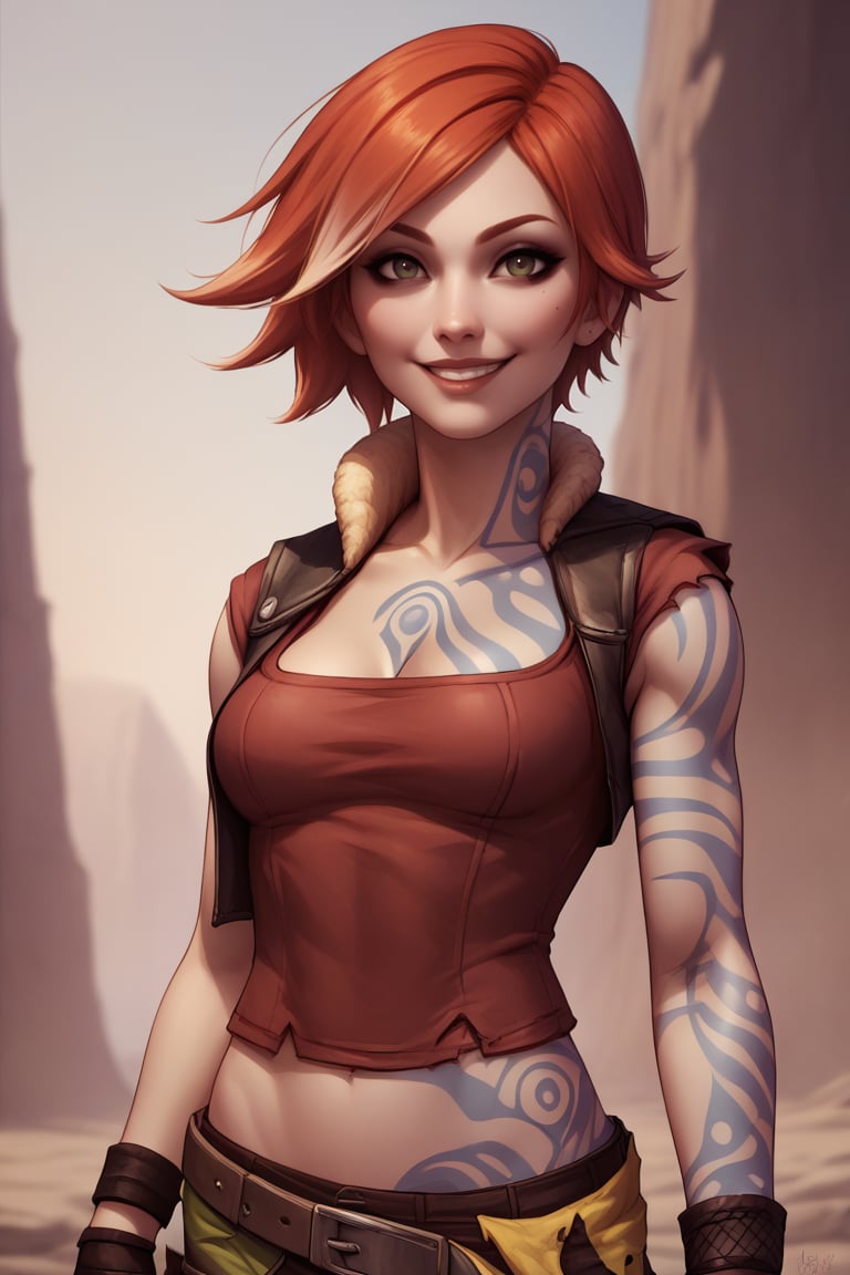 score_9, score_8_up, score_7_up, BREAK , 1girl, solo, breasts, <lora:lilithbl2-guy-v1PONXL:.95>, lilithbl2, tattoo, makeup, fingerless gloves, , midriff, belt, crop top, vest, torn clothes, pants, upper body, smile, looking at viewer, 