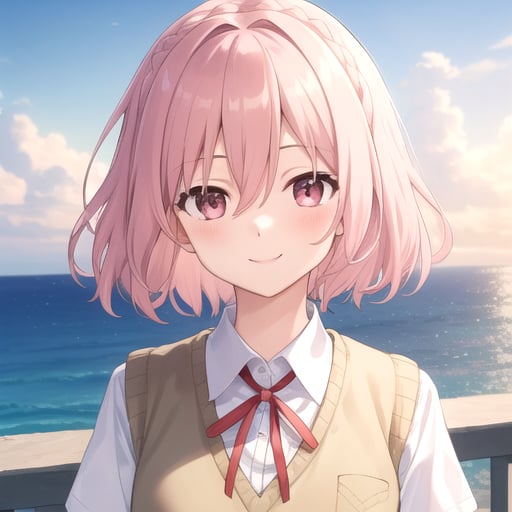 ((masterpiece)),(best quality),official art,extremely detailed CG,unity 8k wallpaper,ultra detailed,A lighthouse on a cliff by the sea,1girl,solo,upper body,(portrait:1.2),looking at viewer,sonogami rinne,white shirt,medium hair,school uniform,beige vest,blue skirt,blush,collared shirt,braid,hair between eyes,pink hair,pink eyes,red ribbon,pleated skirt,smile,white socks,loafers,<lora:Sonogami Rinne(dal)>,