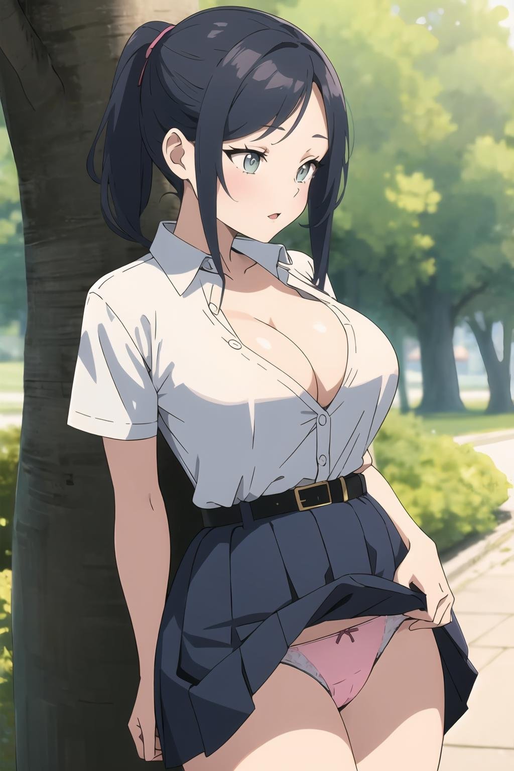 1girl, breasts, solo, headless, cleavage, skirt, arm behind back, tree, large breasts, shirt, outdoors, belt, collarbone, white shirt, short sleeves, black belt, grey skirt, pink underwear, skirt lift, <lora:Platinum_Anime_Hentai_CG_Helper_R1:0.8>