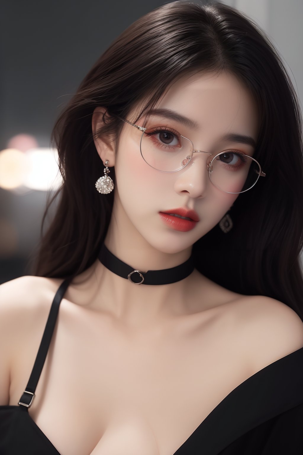 1girl, black choker, black hair, blurry, blurry background, blurry foreground, breasts, choker, cleavage, collarbone, depth of field, earrings, glasses, jewelry, large breasts, lips, long hair, looking at viewer, red lips, solo focus <lora:御姐:1>