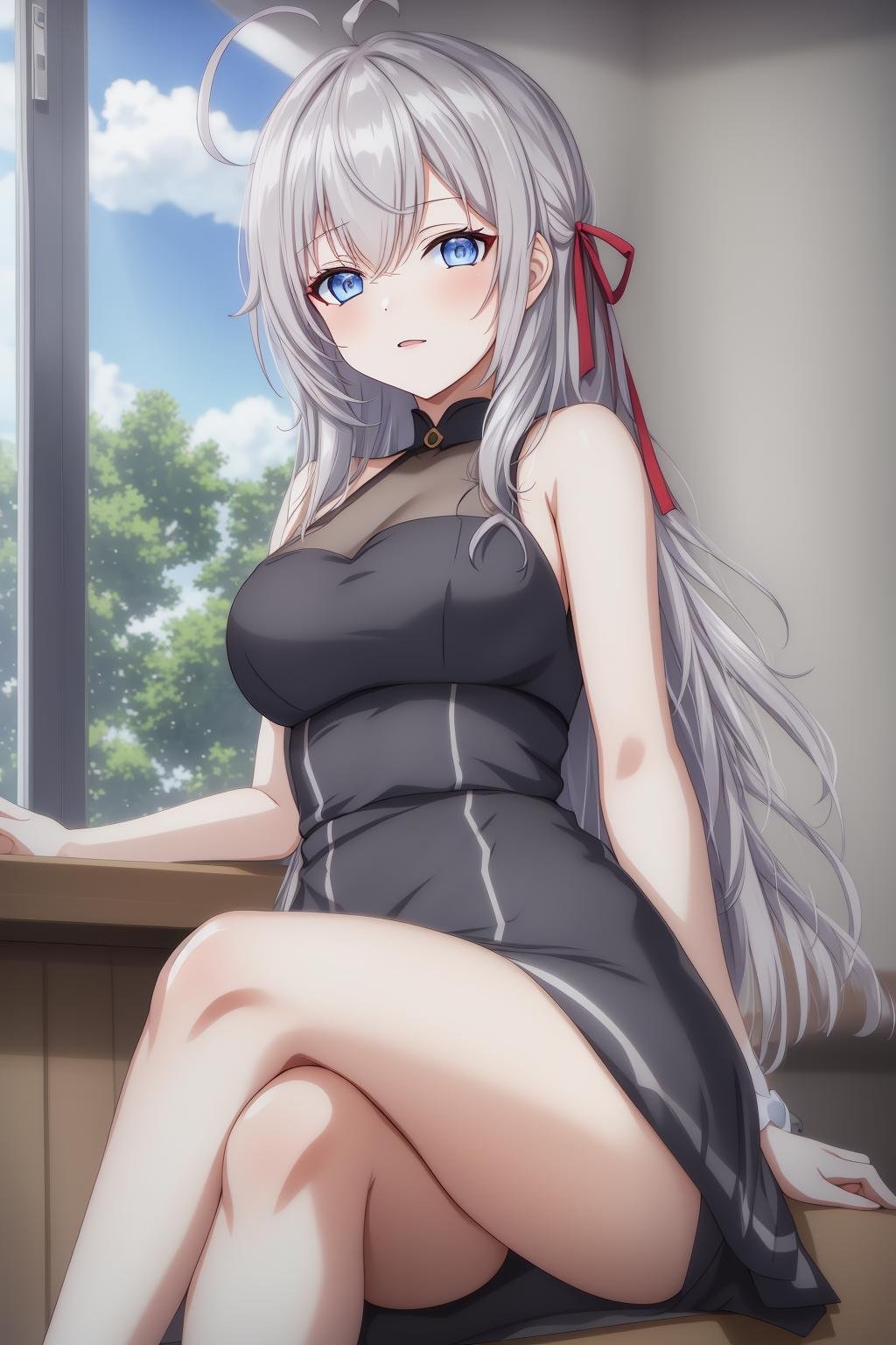 alisa,1girl,solo,long_hair,looking_at_viewer,bangs,blue_eyes,hair_between_eyes,hair_ribbon,ahoge,grey_hair,indoor,black_dress,sitting,thorne,crossed_legs