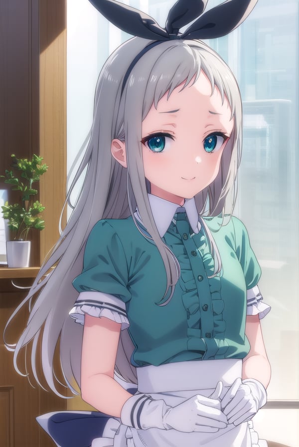 hiderikanzaki, <lora:hideri kanzaki s1-lora-nochekaiser:1>,hideri kanzaki, long hair, bow, (green eyes:1.3), hair bow, grey hair, male focus, hairband, black hairband, otoko no ko, (forehead:1.2), smile,BREAK gloves, dress, short sleeves, frills, puffy sleeves, white gloves, apron, puffy short sleeves, waist apron, white apron, frilled apron, waitress,BREAK indoors, restaurant,BREAK looking at viewer, (cowboy shot:1.5),BREAK <lyco:GoodHands-beta2:1>, (masterpiece:1.2), best quality, high resolution, unity 8k wallpaper, (illustration:0.8), (beautiful detailed eyes:1.6), extremely detailed face, perfect lighting, extremely detailed CG, (perfect hands, perfect anatomy),