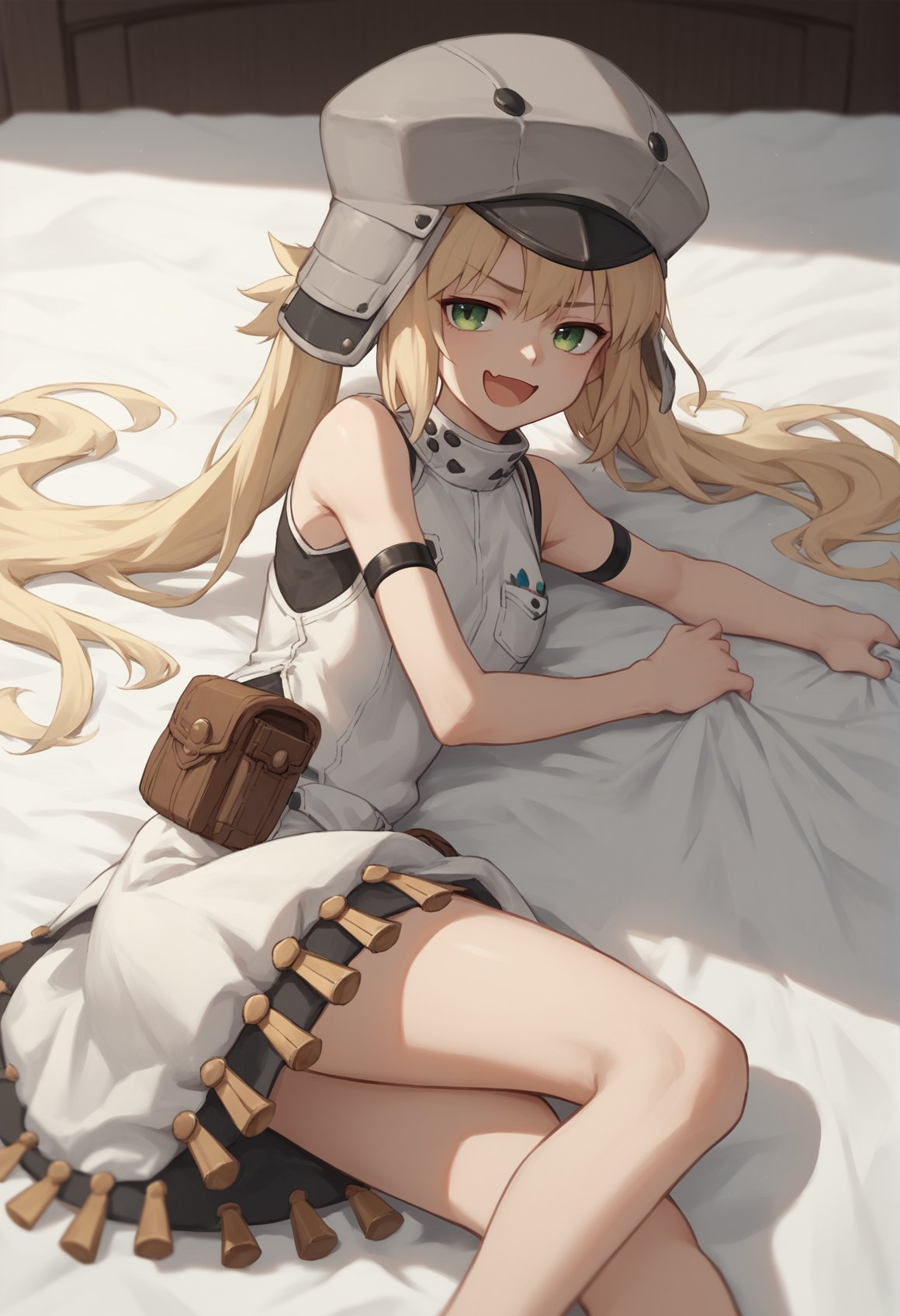 1girl, solo, blonde hair, long hair, green eyes, twintails, white dress, sleeveless, armlet, grey headwear, hat, armored dress, pouch, laying, on side, bed, sheets, evil smile, smug, open mouth, hitting bed, bare legs  <lora:Castoria:0.8>, score_9, score_8_up, score_7_up, score_6_up, score_5_up, score_4_up, BREAK source_anime, masterpiece