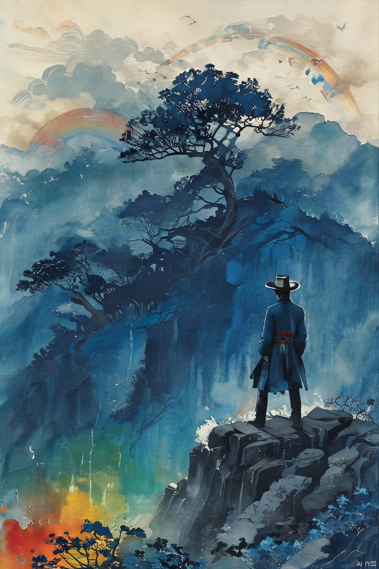 Chinese ink painting,lushan mountain,waterfall,sea of clouds,clear with a rainbow,lenticular,Masculine colors,Dark blue, gray, and black colors,Cowboy shot,by Wu Guanzhon,,dark fairy tale,,fflix_shards,,John Albert Bauer Style,by Alphonse Mucha,,FantacyWorld,,traditional media<lora:EMS-307144-EMS:0.800000>