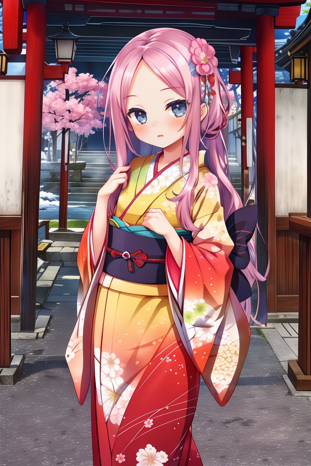 cinematic photo, best quality, masterpiece, highres, portrait of girl, in shrine, new year,  looking at viewer,  1girl, szn, short petite, long hair, parted bangs, forehead, flat chest, japanese clothes, kimono, obi, floral print,   <lora:suzune_v1.3:0.8>,   ,35mm photograph, film, bokeh, professional, 4k, highly detailed,