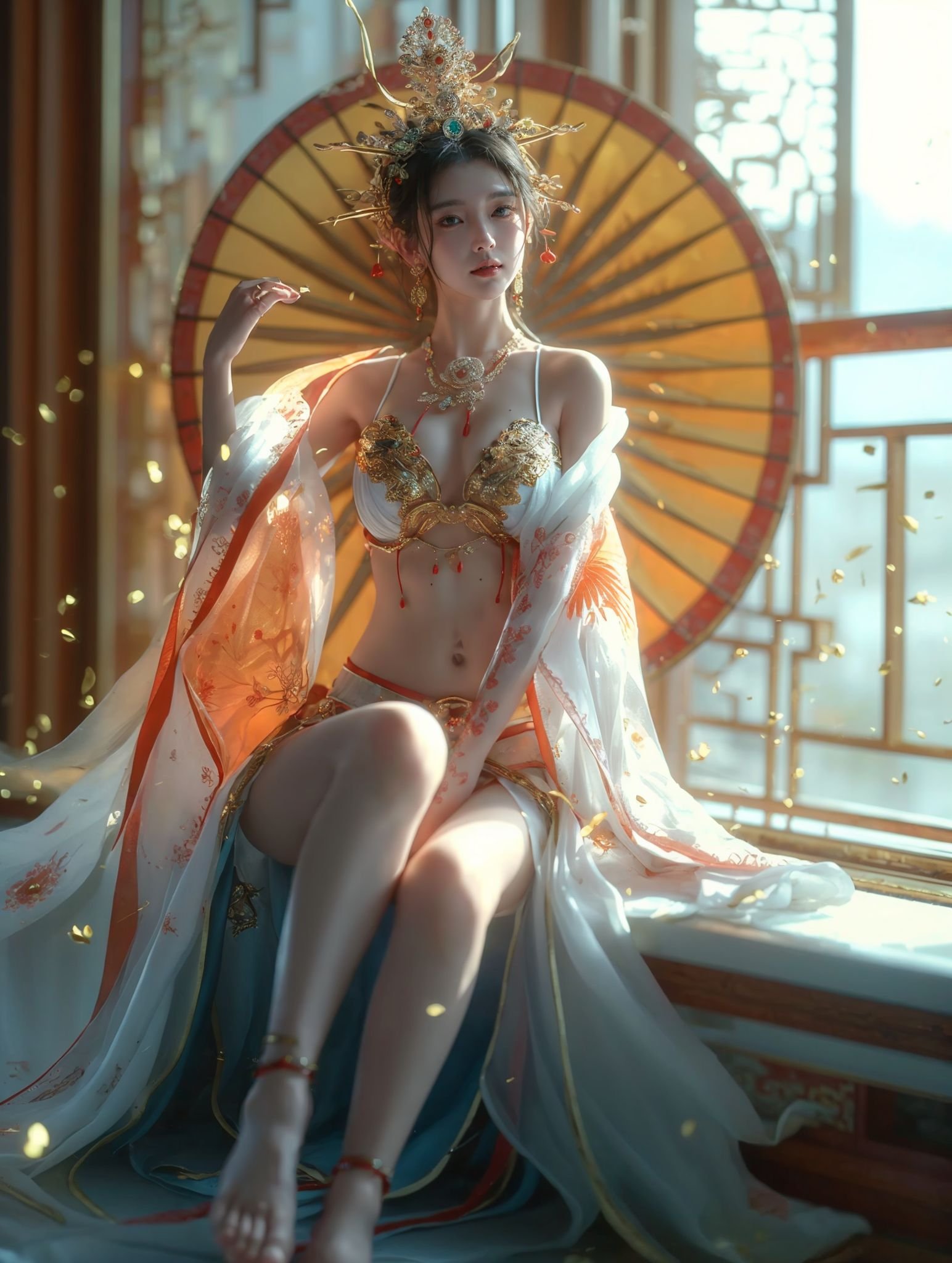 xuer Chinese goddess,1girl,jewelry,barefoot,solo,(sitting:1.2),(anklet:1.2),earrings,black hair,hair ornament,necklace,indoors,full body,breasts,petals,window,bra,bare legs,realistic,feet,<lora:绪儿-中国女神 xuer Chinese goddess:0.75>,