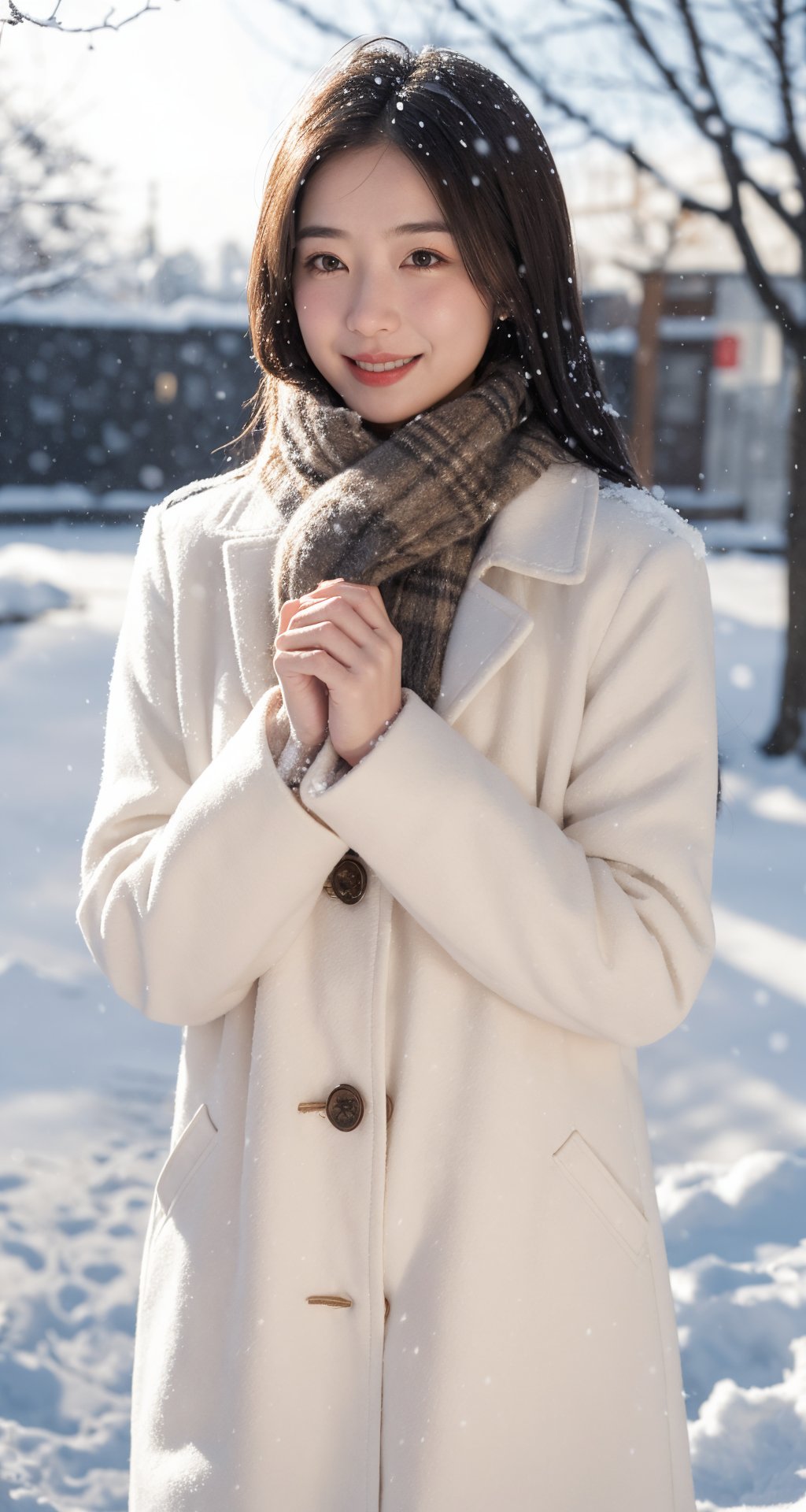 1girl,(snow:1.2),(snowing:1.2),snow,solo,scarf,long hair,smile,brown hair,bokeh,realistic,coat,blurry,sense of atmosphere,<lora:xuejing_20231110142314:0.3>,