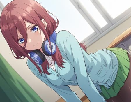 score_9, score_8_up, score_7_up, source_anime,mikunakano, <lora:miku-nakano-s1-ponyxl-lora-nochekaiser:1>, miku nakano, long hair, bangs, blue eyes, brown hair, shirt, hair between eyes, headphones, headphones around neck,skirt, shirt, long sleeves, white shirt, pantyhose, pleated skirt, black pantyhose, cardigan, green skirt, blue cardigan,indoors, classroom, bent over, smile,looking at viewer, cowboy shot, dutch angle, solo,