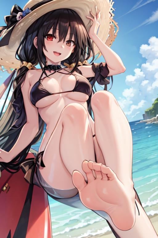 1girl, solo, cowboy shot, from below, <lora:aki:0.8>, tokisaki kurumi, black hair,  heterochromia, long hair, low twintails, twintails,medium breasts, barefoot, feet, foot focus, bikini, string bikini,  looking at viewer, smile, open mouth, outdoors,  beach, ocean, sand,, weird atmosphere, (best quality:1.1), (masterpiece:1.2), high quality shadow, beautiful detailed, (high detailed skin, skin details), (wide_landscape, 8k), beautiful face, detailed eyes, depth of field, dramatic light, best quality, highres, best shadow, best illumination,