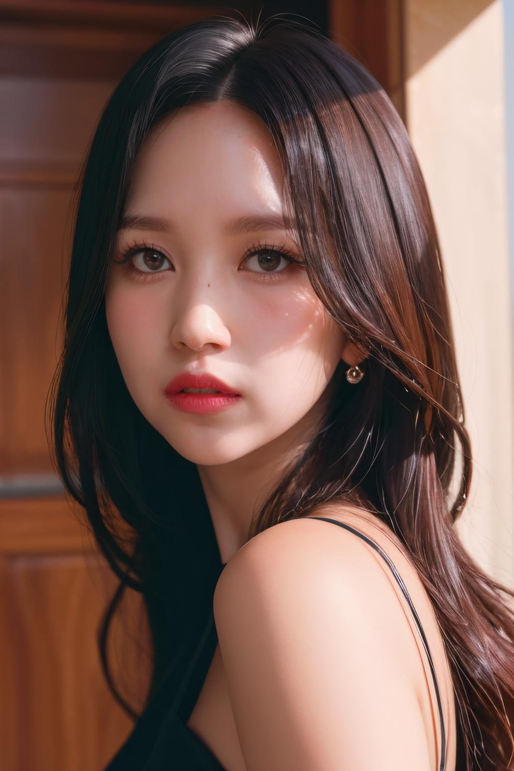 <lora:Twice Mina:1>, Mina, 1girl, solo, realistic, looking at viewer, photograph, photorealistic, beautiful and aesthetic, extremely detailed skin, extremely detailed hair, shadows, masterpiece, top quality, best quality, highres, ultra-high res, ultra-detailed, detailed lighting, high key lighting, vignetting,