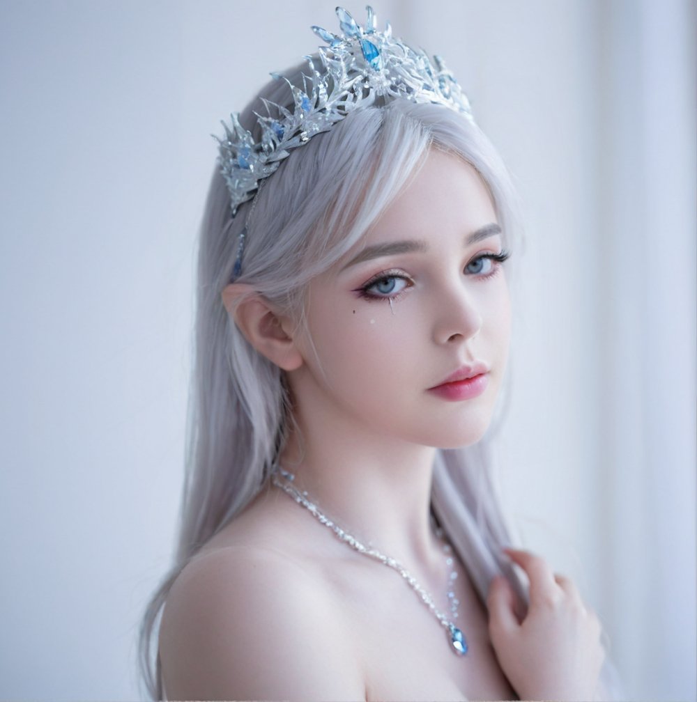 fairy, noble, elegant, beautiful, 1girl, jewelry, necklace, mole, mole under eye, solo, realistic, lips, bare shoulders, white hair, depth of field, makeup,<lora:jingling-0000010:0.6>,