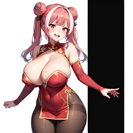 1girl, solo, original, chinese clothes, red dress, brown bodysuit, brown pantyhose, cleavage, cleavage cutout, bare shoulders, detached sleeves, red eyes, pink eyes, streaked hair, long hair, twintails, cone hair bun, huge breasts, curvy, thick thighs, bouncing breasts, seductive smile, naughty face, lewd, sexy, hot, glamorous, blunt bangs, standing, cleft of venus, white background, simple background, anime screencap, anime coloring, key visual, studio anime, standing, 