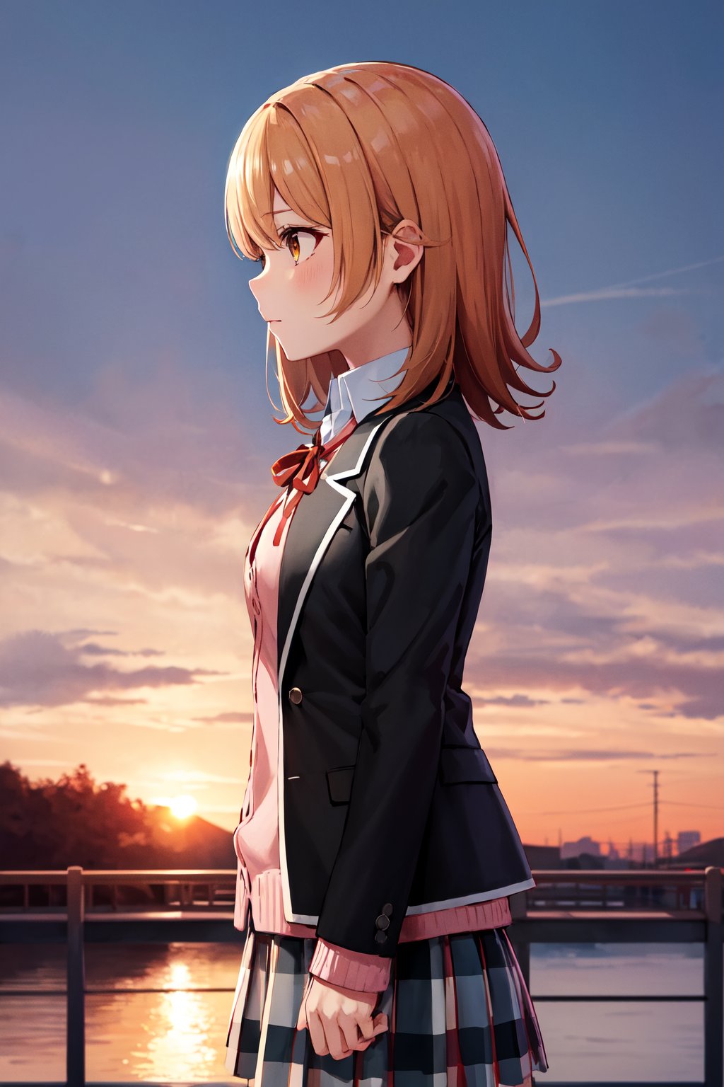 masterpiece, best quality, highres, aairoha, medium hair, school uniform, neck ribbon, collared shirt, blazer, black jacket, open jacket, long sleeves, plaid skirt, <lora:isshiki_iroha_v1:0.7>, from side, sunset, bridge, standing