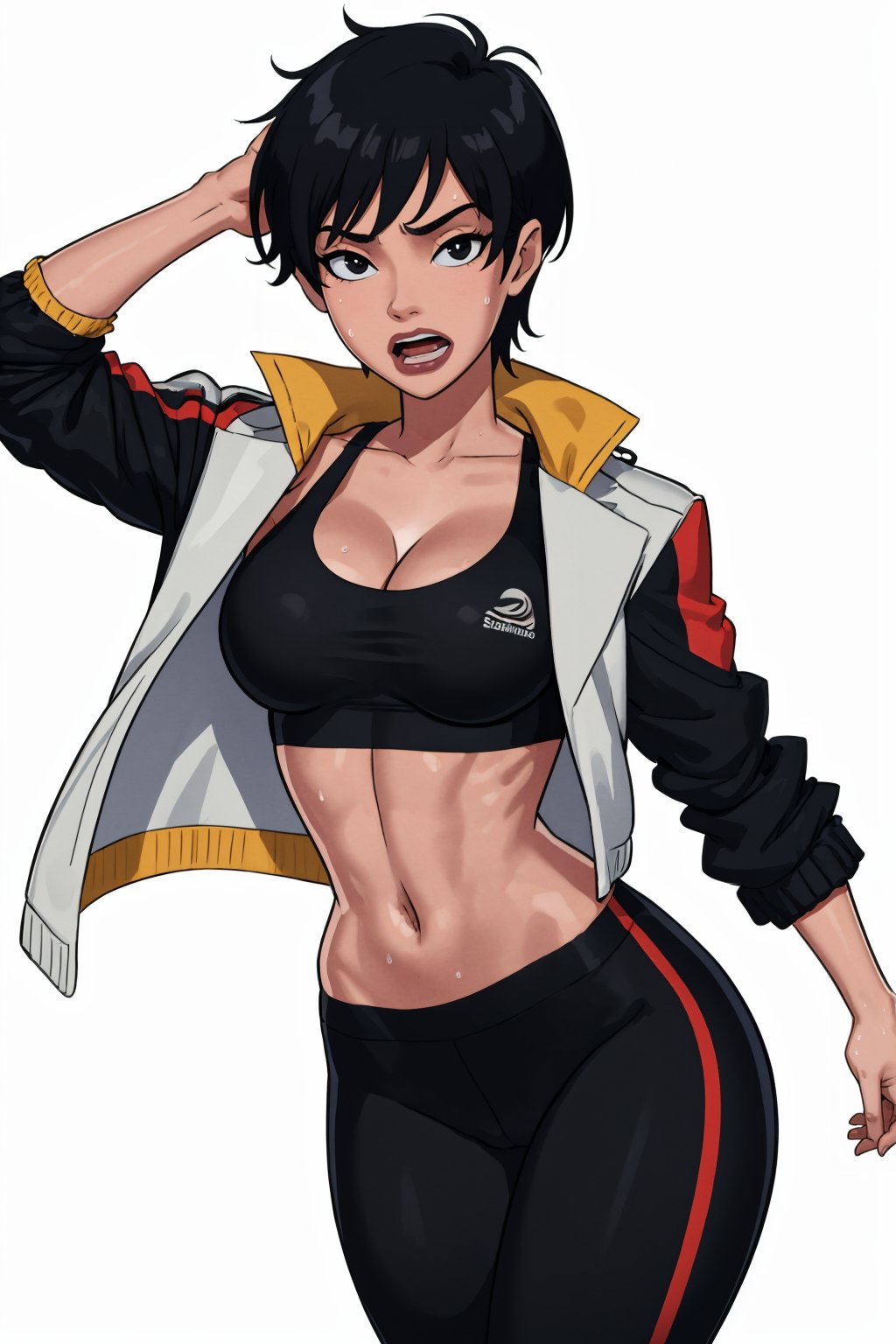 (masterpiece, best quality:1.2),   <lora:somethingunlimited:1>, somethingunlimited, 1girl, solo, breasts, jacket, large breasts, navel, pants, looking at viewer, sports bra, sweat, simple background, open mouth, cleavage, white background, short hair, open jacket, black jacket, black pants, open clothes, black eyes, black hair, cowboy shot, midriff