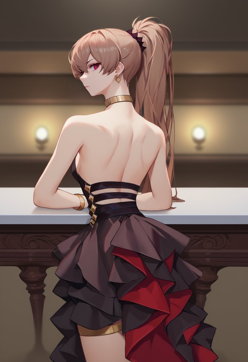 score_9, score_8_up, score_7_up, source_anime, from behind, solo, 1girl, jeanbartdress, expressionless, looking back, brown hair, high ponytail, evening gown, backless outfit, black dress, sleeveless dress, halter dress, black gloves, thighlet, earrings, gold choker, gold bracelet, bare shoulders, indoors, table <lora:azurlane_jeanbart_ponyXL:1>