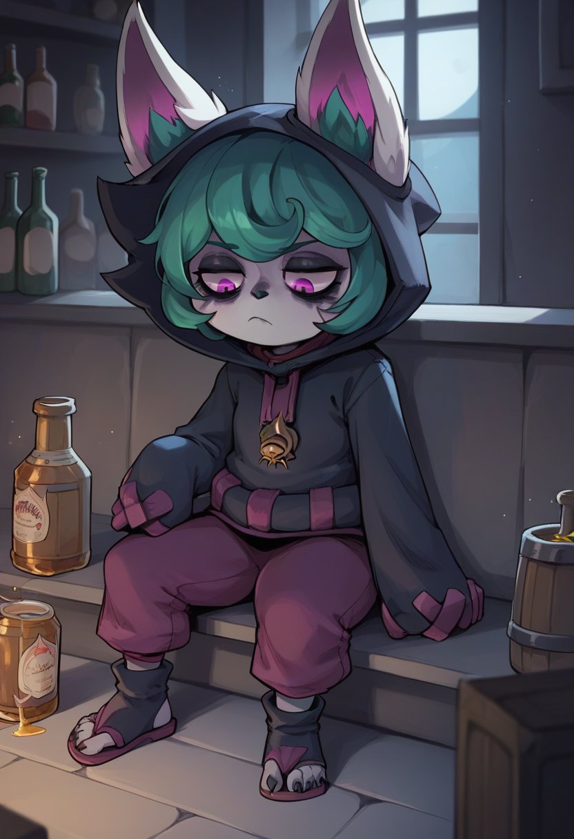 score_9, score_8_up, score_7_up, score_6_up, v3x, 1girl, yordle, pink eyes, green hair, short hair, hoodie, hood, hood up, ears through headwear, long sleeves, pants, toeless footwear, <lora:Vex_Default_v1:0.7>, solo, sitting, bored, looking down, alcohol, bags under eyes, depressed, indoors, night