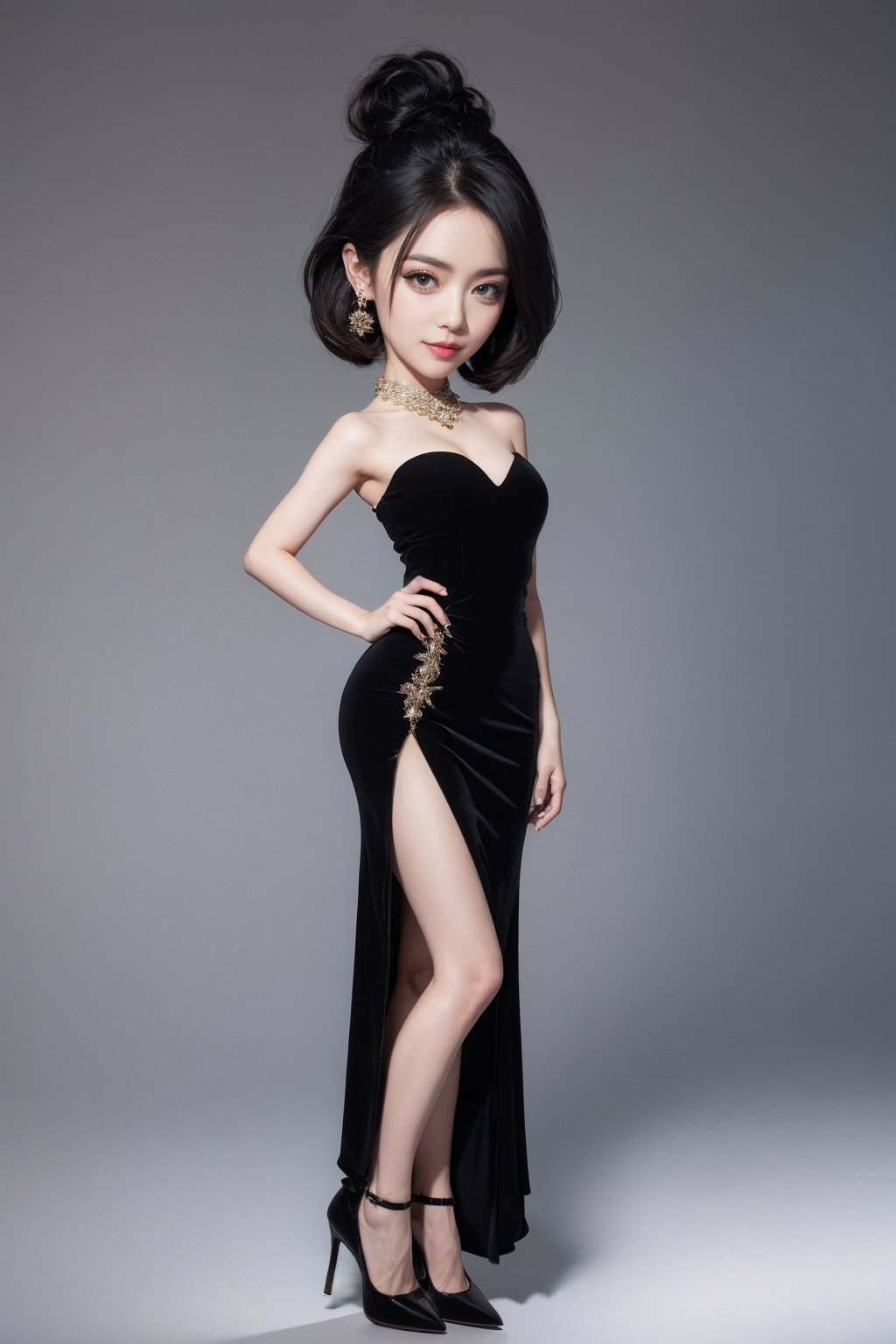 <lora:LoraAgainMixChibi_v1:1>,1woman,mature,dress,chibi,full body,black hair,high heel shoes,