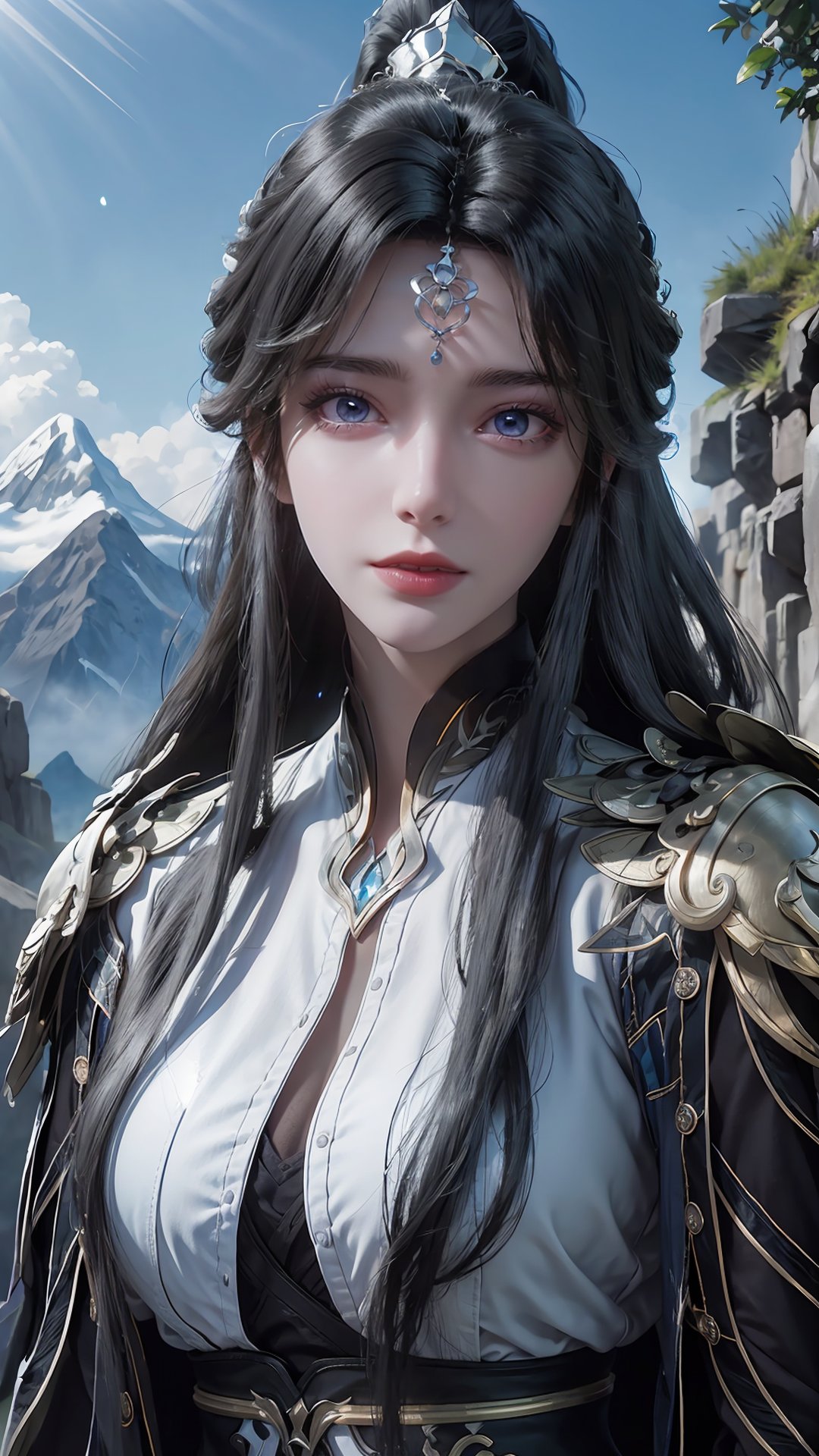 masterpiece,best quality,official art,extremely detailed CG unity 8k wallpaper,realistic,light rays,light particles,1girl,solo,black_hair,upper_body,long_hair,blue_eyes,mountain,stream,outdoors,coronet,