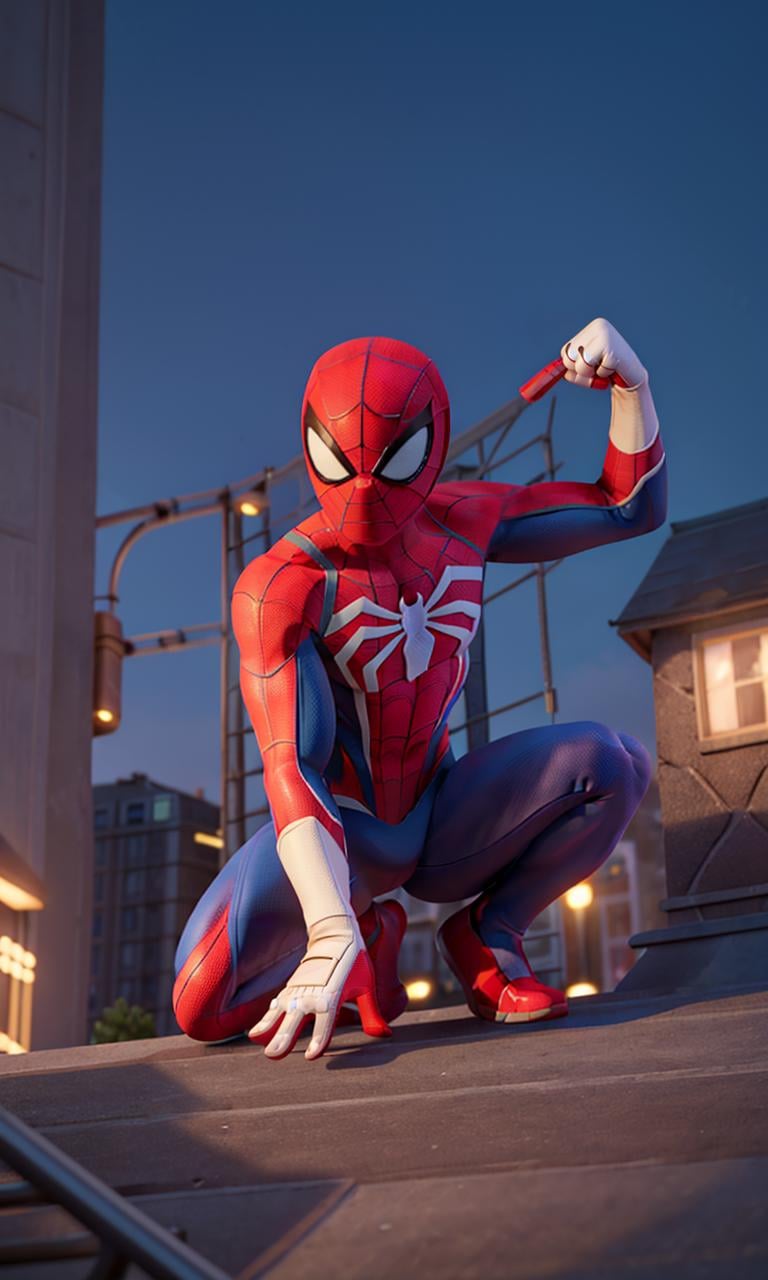 spideyadv2, man crouching on rooftop gargoyle, muscular, best quality, masterpiece, 8k, uhd, night, new york, flexible man, spiderman pose, pixar style