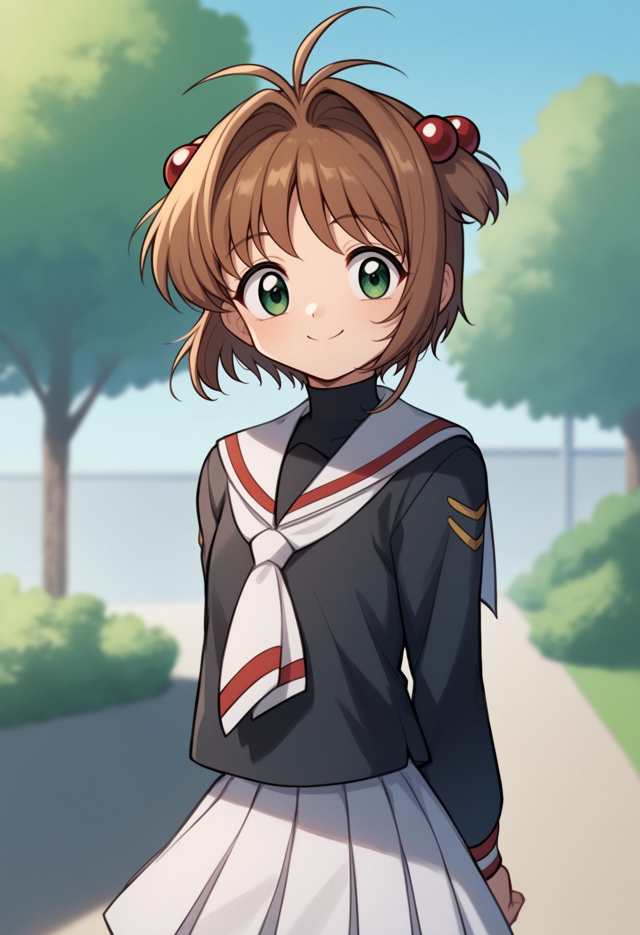 score_9, score_8_up, score_7_up, score_6_up, score_5_up, score_4_up, BREAK, source_anime,1girl, kinomoto sakura, antenna hair, brown hair, short hair, hair bobbles, green eyes, black shirt, long sleeves, neckerchief, sailor collar, school uniform, serafuku, white skirt, tomoeda elementary school uniform,hands behind back, smile, upper body, looking at viewer, solo, outdoors, blue sky, park background   <lora:SakuraCardCaptorXL:1>