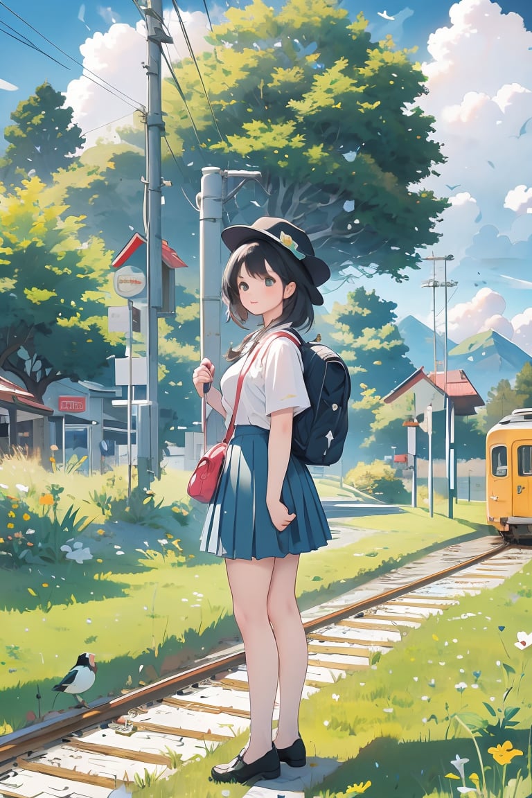 1girl,solo,skirt,shirt,black_hair,hat,standing,pleated_skirt,outdoors,sky,shoes,day,cloud,bag,tree,blue_sky,blue_skirt,bird,backpack,grass,ground_vehicle,building,scenery,mountain,wide_shot,power_lines,utility_pole,train,train_station,railroad_tracks,