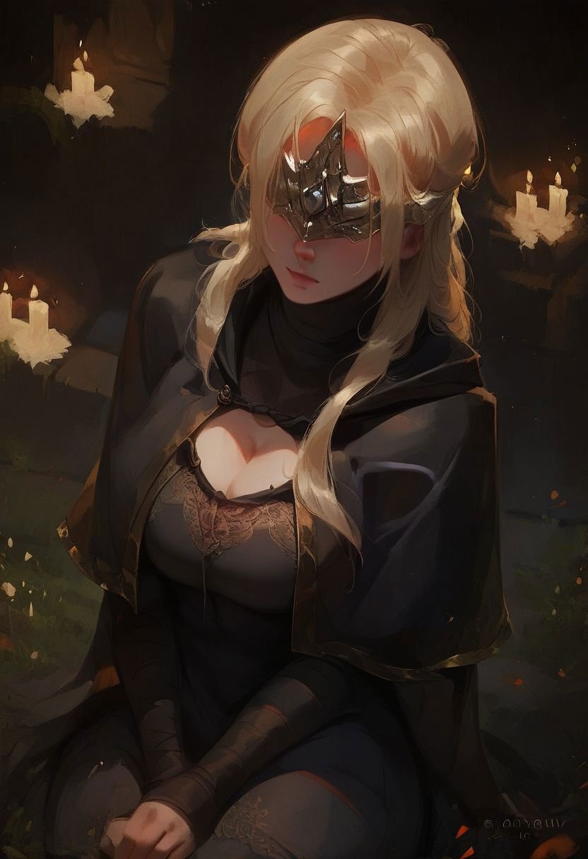 Score_9_up, score_8_up, score_7_up, 1girl, solo, firekeeper, mask, blonde hair, black dress, cleavage, big boobs, capelet, Expressiveh