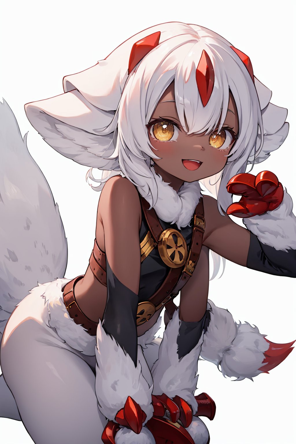 masterpiece,best quality, highly detailed, 1other,faputa,furry,whiskers,claws,open mouth,simple background,horizontal pupils,looking at viewer,smile,tail,white background,1girl,:3,dark skin,<lora:faputa:1>