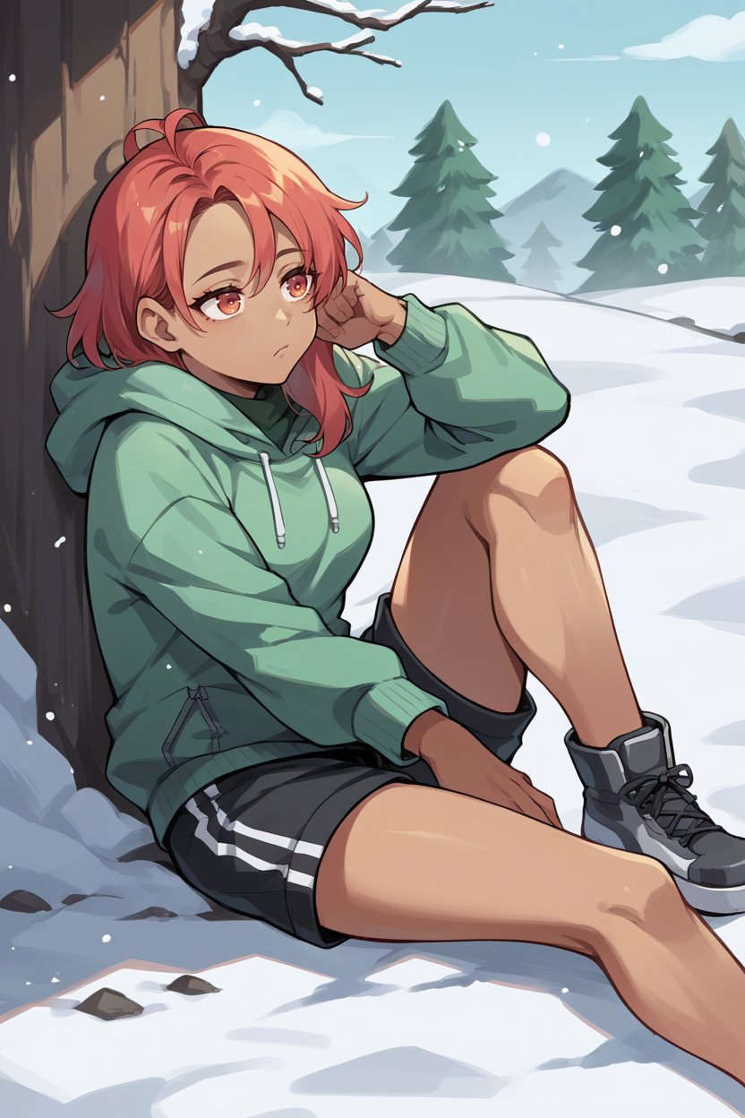 score_9, score_8_up, score_7_up, score_6_up, source_anime BREAK 1girl <lora:hapi-pdxl-nvwls-v1-000005:1> defHapi, dark skin, green hoodie, black shorts, winter, snow, bored