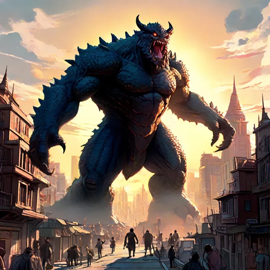 hires,best quality,Illustration of Gomora, the giant monster, standing tall in a cityscape, with its sharp, armored scales glinting in the sunlight, and its menacing glowing eyes fixed on the horizon as it prepares for battle. Its enormous tail swings behind it, crushing buildings in its path, while tiny, panicked civilians flee in the foreground