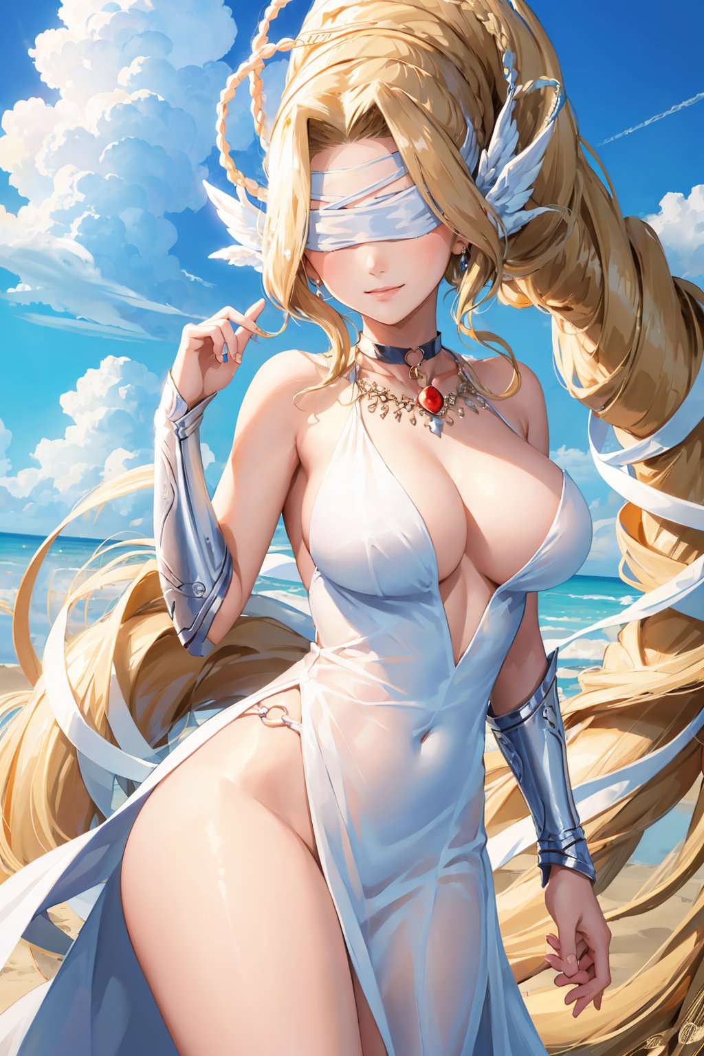 masterpiece, best quality, <lora:venusmon-nvwls-v1-000009:0.9> venusmon, very long hair, ponytail, blindfold, white ribbon, choker, necklace, white dress, cleavage, vambraces, cowboy shot, large breasts, blue sky, clouds, smile, standing