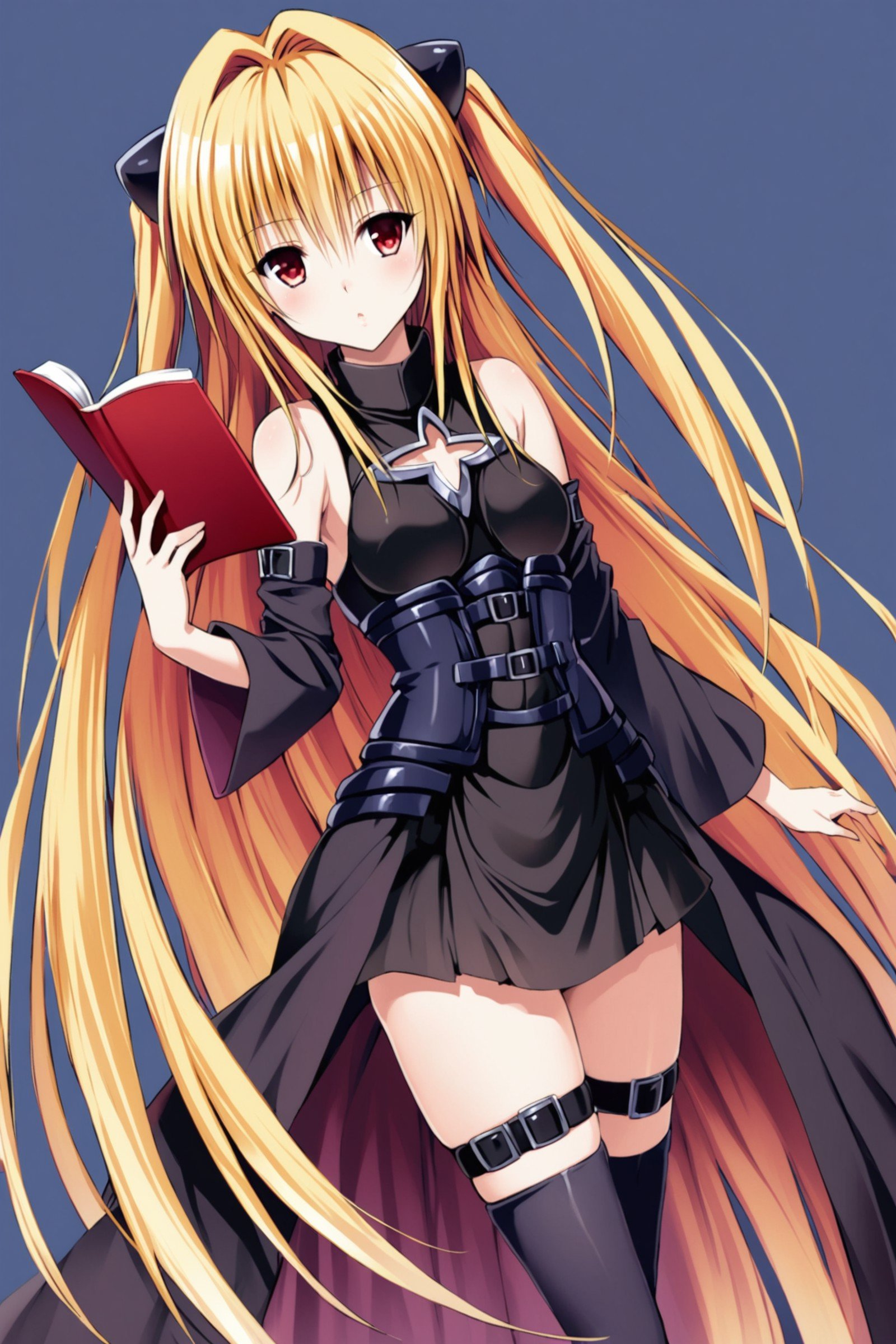 konjiki no yami,1girl,solo,long hair,blonde hair,book,thigh strap,detached sleeves,very long hair,red eyes,white background,holding,two side up,cleavage cutout,hair ornament,holding book,breasts,clothing cutout,simple background,looking at viewer,bare shoulders,thighhighs,cowboy shot,small breasts,black dress,belt,<lora:Yabuki Kentarou_XL_netaArt:0.8>,