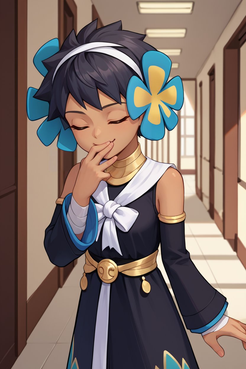 score_9, score_8_up, score_7_up, score_6_up, source_anime BREAK 1girl, solo   <lora:pkmnphoebe-pdxl-nvwls-v1-000004:1> fallPhoebe, black hair, dark skin, hairband, hair flower, blue flower, black dress, bow, detached sleeves, hallway, closed eyes, smug, hand to own mouth