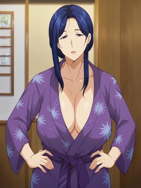 <lora:Etuzan_Jakusui-with:1>,withb,1girl,solo,blue hair,long hair,mole,mole under eye,mature female,breasts,cleavage,yukata,hands on own hips,upper body,looking at viewer,indoors