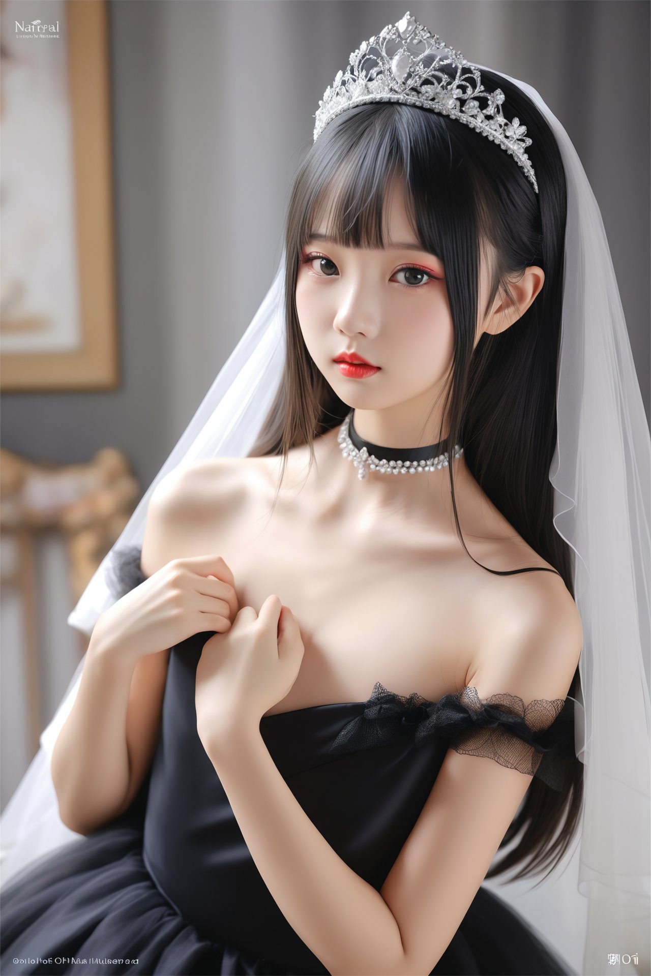 masterpiece,Realism,best quality,loli,1girl, solo, black hair, veil, long hair, dress, realistic, looking at viewer, tiara, red lips, black eyes, choker, upper body, black dress, bare shoulders, blurry, makeup, web address, lipstick, asian