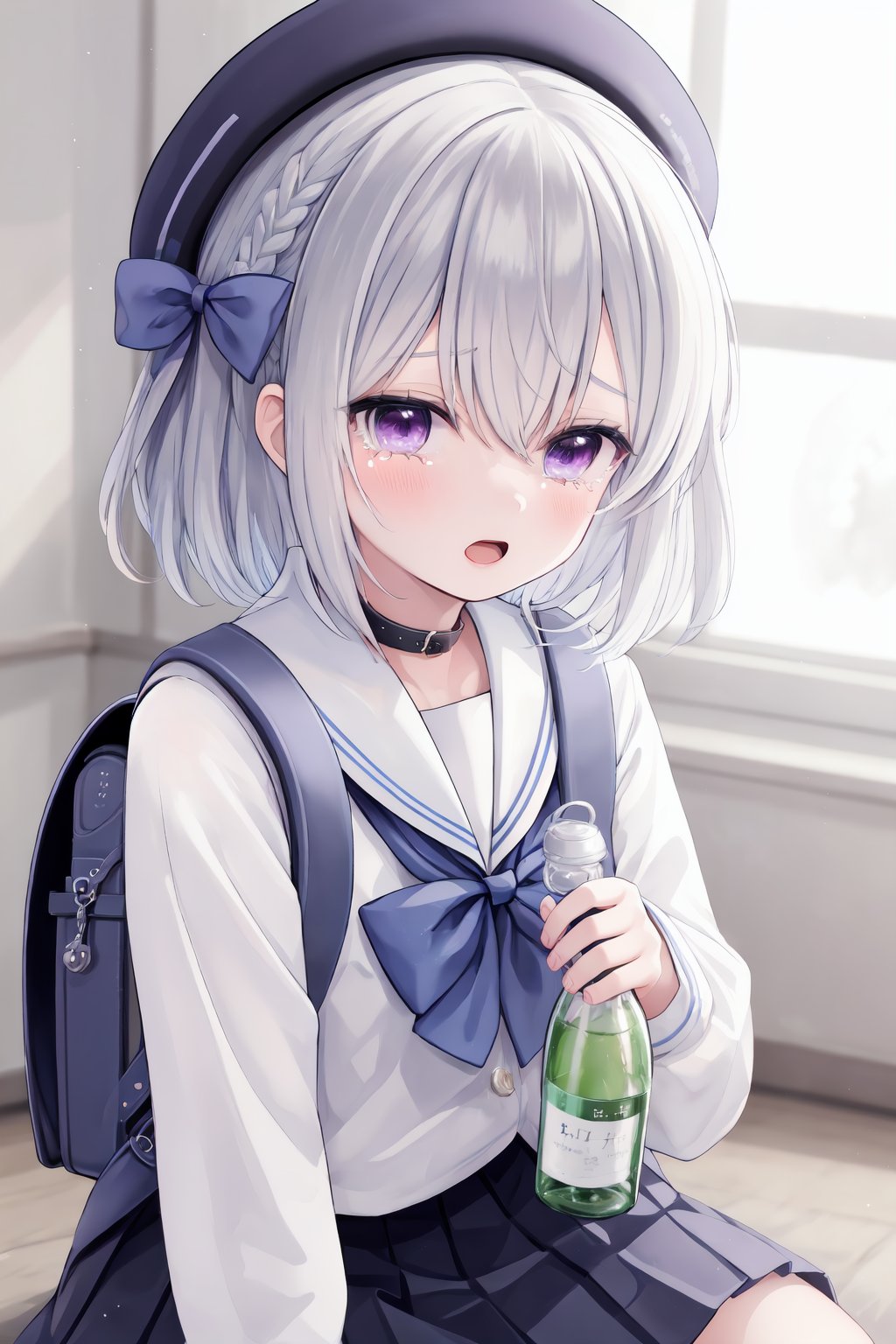 1girl, solo, school uniform, sitting, looking at viewer, holding, white headwear, bangs, long sleeves, blush, purple eyes, hair bow, sailor collar, indoors, bag, white sailor collar, bow, bottle, open mouth, white shirt, blue bow, grey hair, holding bottle, hair between eyes, beret, tears, medium hair, school bag, short hair, braid, yunmi style, sf5etf98, s6f8ey8vsdj, dr6g8cvwo, s5fr8gt, a35veo8vsdo, c6gw9oyh, c6s9eo5j