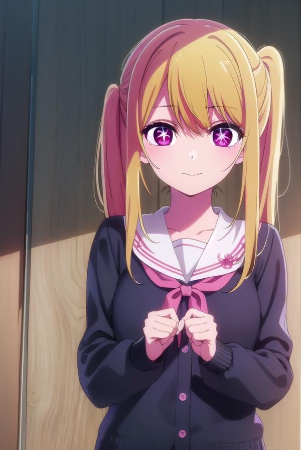 rubyhoshino, <lora:ruby hoshino s1-lora-nochekaiser:1>,ruby hoshino, long hair, bangs, blonde hair, (pink eyes:1.3), sidelocks, (symbol-shaped pupils:1.5), multicolored hair, two-tone hair, smile,BREAK side ponytail, long sleeves, school uniform, serafuku, sailor collar, neckerchief, cardigan, red neckerchief, white sailor collar,BREAK indoors, classroom,BREAK looking at viewer, (cowboy shot:1.5),BREAK <lyco:GoodHands-beta2:1>, (masterpiece:1.2), best quality, high resolution, unity 8k wallpaper, (illustration:0.8), (beautiful detailed eyes:1.6), extremely detailed face, perfect lighting, extremely detailed CG, (perfect hands, perfect anatomy),