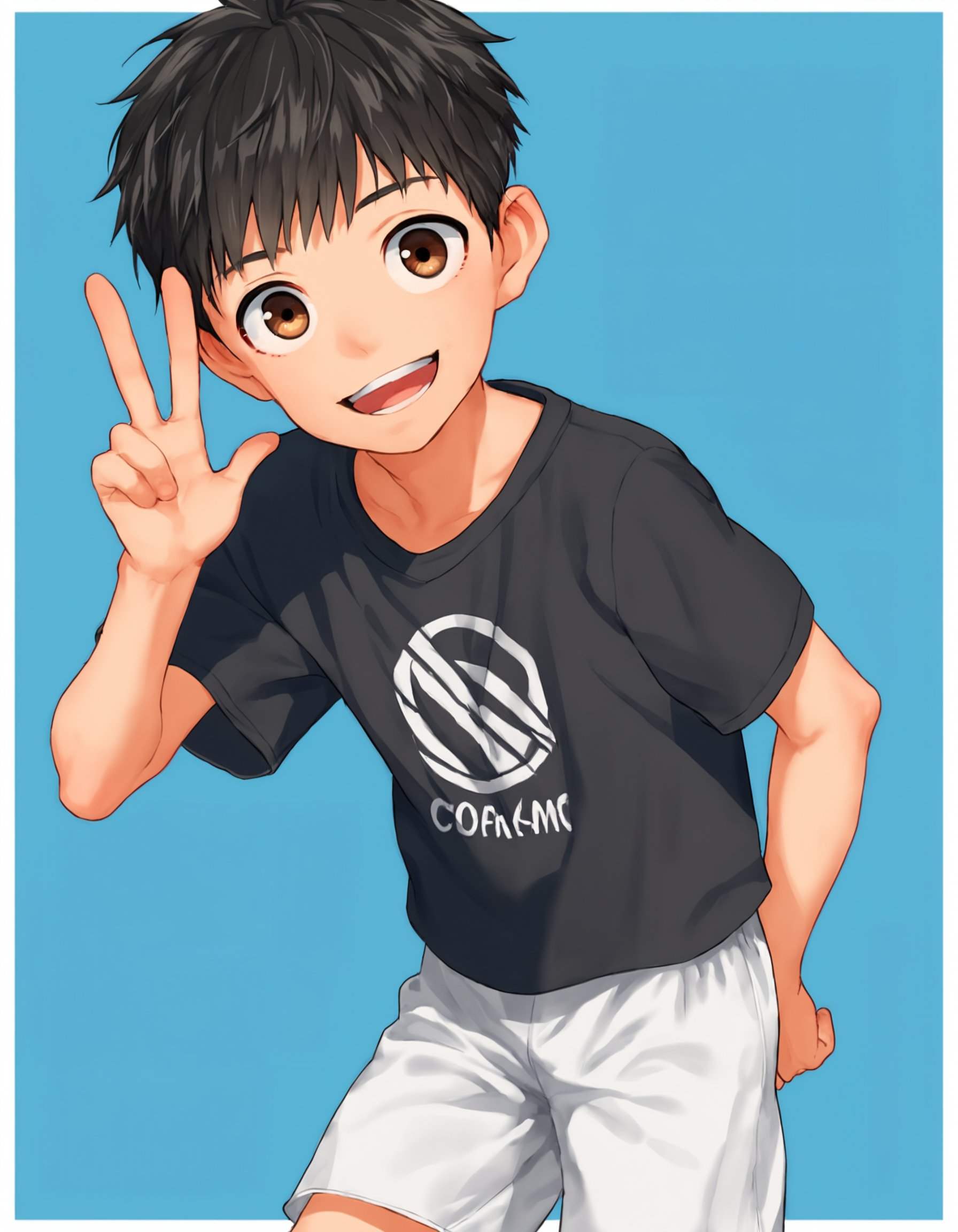 score_9, score_8_up, score_7_up, score_6_up, source_anime, blue background, white border, cowboy shot, 1boy, black hair, brown eyes, bangs, young, solo, t-shirt, white shorts, head tilt, standing, leaning forward, looking at viewer, open mouth, smile, peace sign <lora:fujimodoki-amxl-v1c-ShoAI:1>