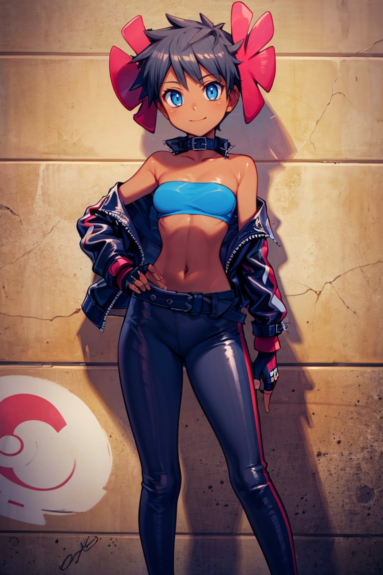 <lora:Bold_CAT:0.4>,  <lora:more_details:0.5>,  ((masterpiece, best quality)), <lora:Phoebe_Pokemon:0.8>, Phoebe_Pokemon,  blue eyes, hair flower, dark skin,  solo, smile,  leather jacket, leather pants, strapless bra, black jacket, tight pants, black choker, zipper, fingerless gloves, biker clothes, spikes, unzipped, multiple belts, shiny clothes, high collar, (graffiti:1.2), brick wall,