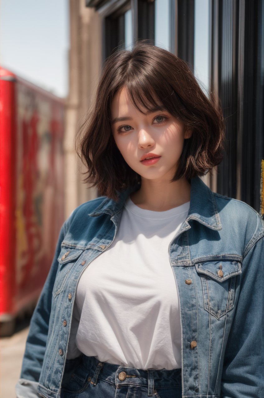 1girl, solo, bob cut, breasts, looking at viewer, soft smile, blue eyes, large breasts, brown hair, Ripped jeans, graphic tee, sneakers, and a denim jacket, dynamic pose, outdoors, park, graffiti wall, evening, ethereal lighting <lora:Enhanced Details Booster:0.8>, RAW photo, (masterpiece:1.3), subsurface scattering, heavy shadow, (high quality:1.4), (intricate, high detail:1.2), professional photography, HDR, High Dynamic Range, realistic, ultra realistic, photorealistic, high resolution, film photography, DSLR, 8k uhd, Fujifilm XT3