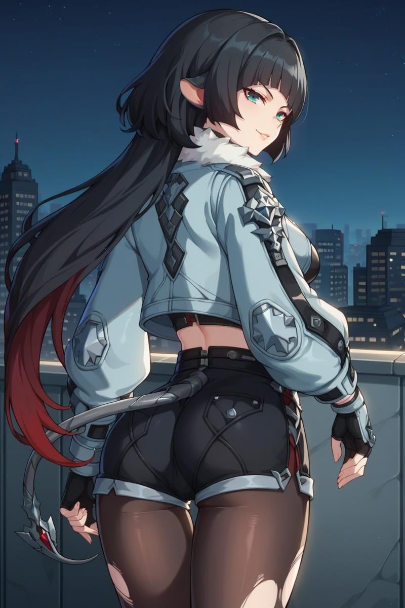 score_9, score_8_up, score_7_up, source_anime, 1girl, prefect lighting, very aesthetic, intricate details, highly detailed background, masterpiece, high quality, prefect hands, best quality, solo,<lora:Jane_Doe_ZZZ_V2:.85>, KJOjane, long hair, black hair, aqua eyes, blunt bangs, tail, mouse ears, animal ears, colored tips, open jacket, puffy long sleeves, fur trim, shorts, pantyhose, ripped pantyhose, fingerless gloves,smirk, from behind, looking back,city, rooftop, night,(Beautiful, medium Breasts:1.2), natural breasts,