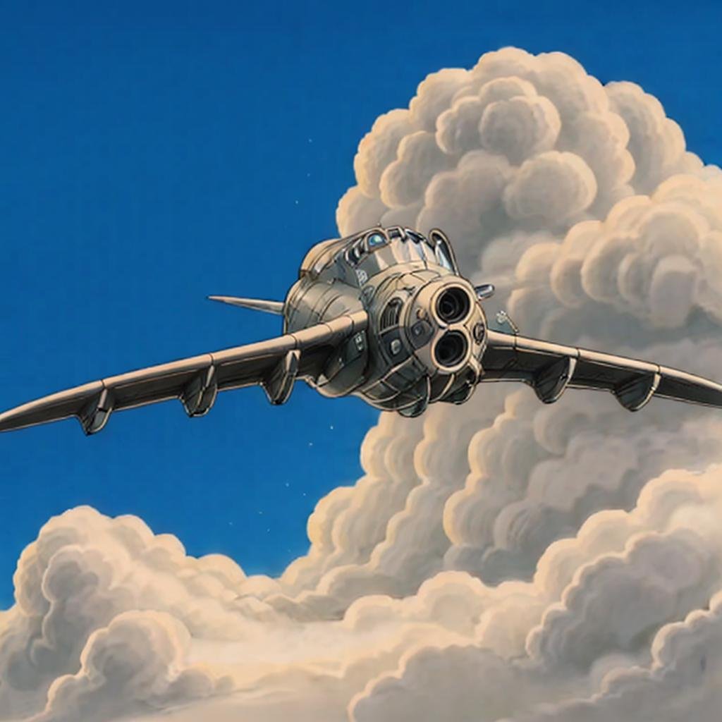 <lora:Nausicaa005:0.7>,gunship,airplane,vehicle focus,flying,jet,science fiction,outdoors,day,blue sky,