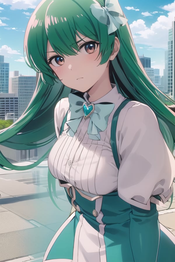 sayominakami, <lora:sayo minakami-lora-nochekaiser:1>,sayo minakami, long hair, (brown eyes:1.5), bow, hair bow, (green hair:1.5),BREAK skirt, gloves, boots, elbow gloves, magical girl, blue gloves,BREAK outdoors, city, sky, sun, clouds,BREAK looking at viewer, (cowboy shot:1.5),BREAK <lyco:GoodHands-beta2:1>, (masterpiece:1.2), best quality, high resolution, unity 8k wallpaper, (illustration:0.8), (beautiful detailed eyes:1.6), extremely detailed face, perfect lighting, extremely detailed CG, (perfect hands, perfect anatomy),