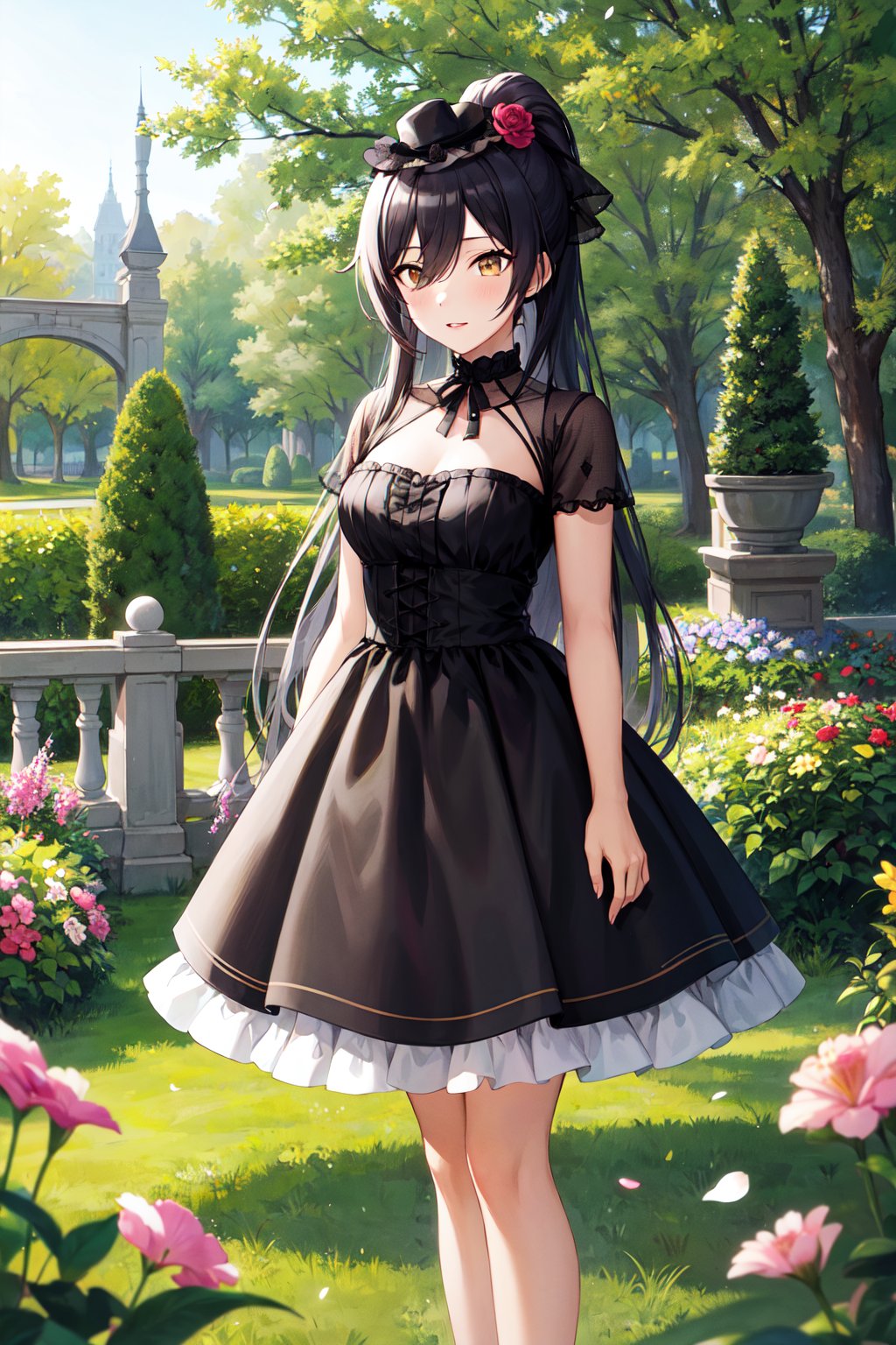 masterpiece, best quality, highres, aasakuya, long hair, high ponytail, breasts, <lora:shirase_sakuya_v1:0.7>, gothic, dress, black dress, mini hat, standing, outdoors, garden, petals,