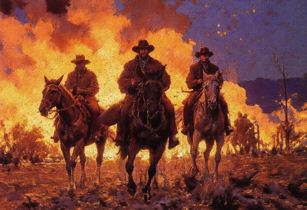 oilpainting, front view of a gang of cowboys on horseback leaving a burning town, the night sky is illuminated by their horrid actions,